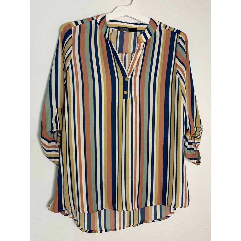 CURE. Multicolor Vertical Striped Roll Tab Sleeve Blouse Medium Split Neck Top